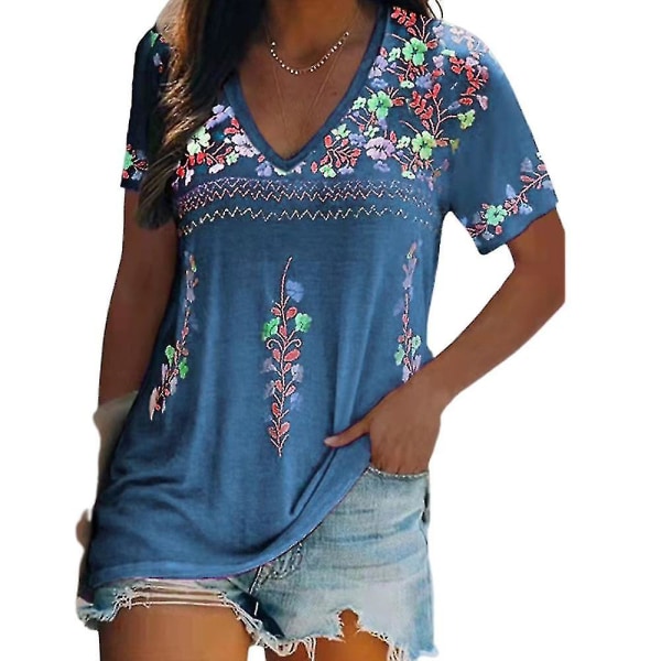 Kvinnor Boho blommig kortärmad V-ringad T-shirt Casual Tops Tee Blue M