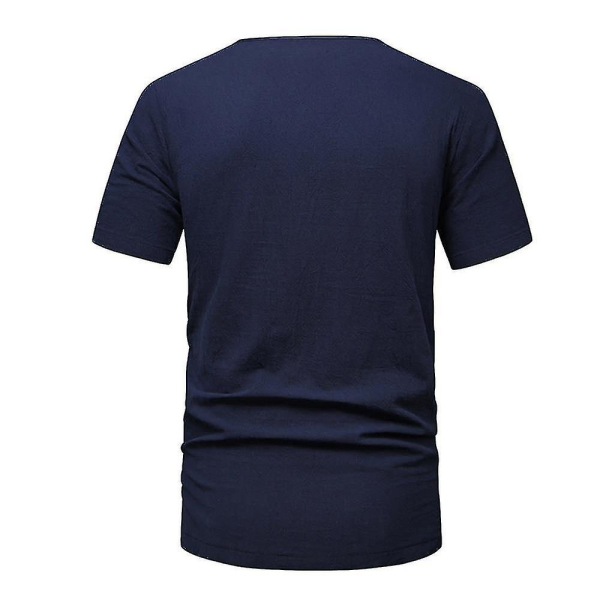 Herr bomullslinnelook Henley-skjortor Kortärmade Hippie Summer Beach Casual Snygga T-shirt Toppar Navy Blue XL