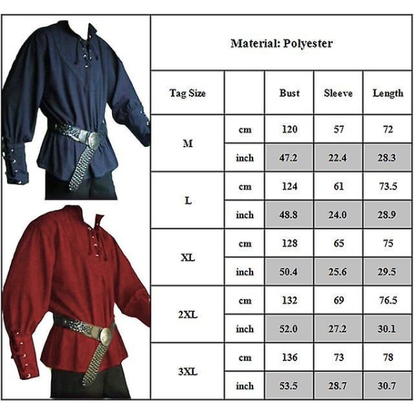 Herr vintage medeltida renässans Viking piratdräkt långärmad blusskjorta med snörning Toppar 3XL Red