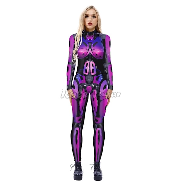 Robot Punk Jumpsuit Sexig Dam Cosplay Kostymer Fancy Halloween Fest Färgglad Utskrift Skelett Bodysuit För Män L 1