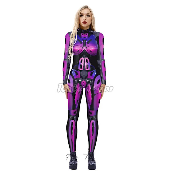 Robot Punk Jumpsuit Sexig Dam Cosplay Kostymer Fancy Halloween Fest Färgglad Utskrift Skelett Bodysuit För Män L 10