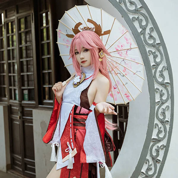 Yae Miko Cosplay Anime Genshin Impact Yae Miko Guuji Yae Cosplay Kostym Peruk Klänning Festkläder Halloween Kostymer För Kvinnor XXL Costume and Wig