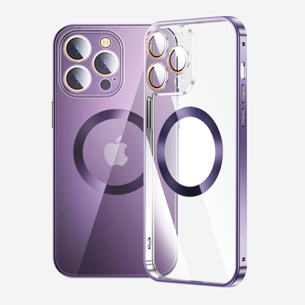 Genomskinligt Magsafe- case kompatibelt med Iphone 15 Pro Max, metallram Militärt anti-dropp stötsäkert cover med linsskydd Purple For iPhone 15 Pro Max