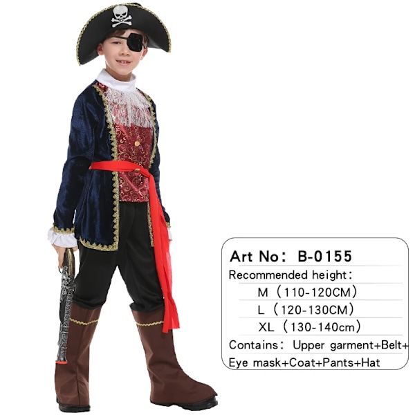 Barn Piratdräkter Halloween Högtidsfest Pojkar Flickor Cosplay Pirater Sjömansdräkt Kostym Klänning Utstyrsel XL(1.3m-1.4m) B-0155