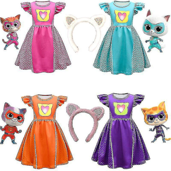 Barnklänningar Cosplay Super Kitties Klänningar För Superkittescostume Flickor Flygande Ärmar A-linje Klänning med Väska Och Huvudband orange 100cm
