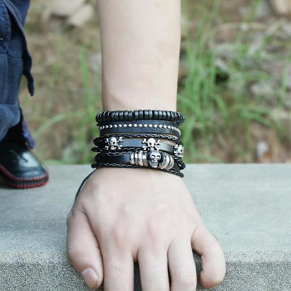 Skull Beaded Läder Armband DIY Kit för män, retrostil med kohudar och pärlor