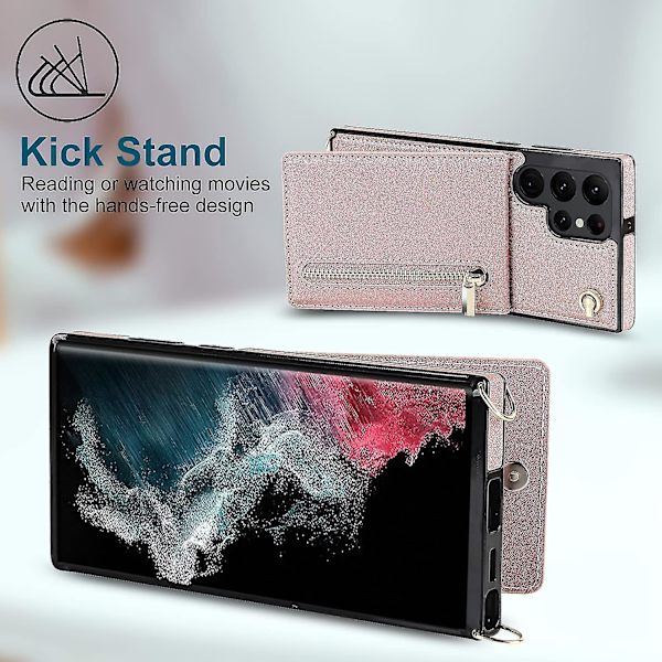 Case i läder för Samsung Galaxy S23 Ultra/ S23+/ S23 med halsrem & stativ & dragkedja Rose gold for S23 Ultra