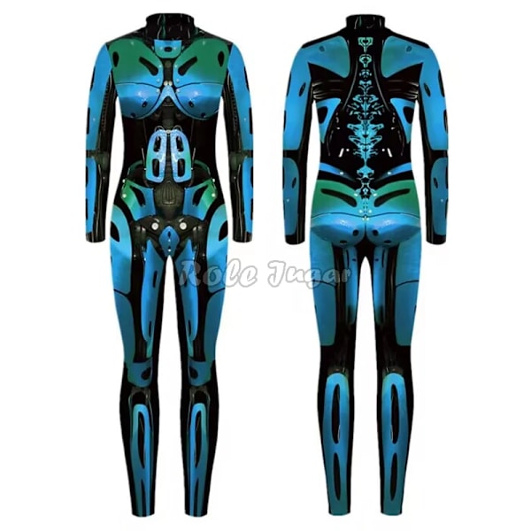 Robot Punk Jumpsuit Sexig Dam Cosplay Kostymer Fancy Halloween Fest Färgglad Utskrift Skelett Bodysuit För Män L 2
