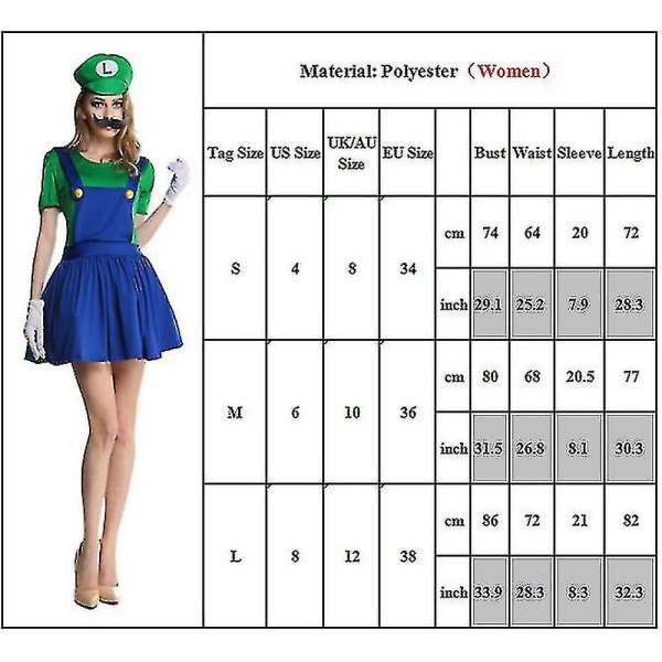 Super Mario Luigi Cosplay Kostym Vuxna Barn Fancy Dress Up Outfit Kläder Green Women S