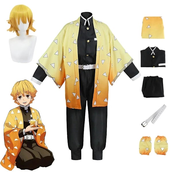 Anime Agatsuma Zenitsu Cosplay Kostym Kimono Halloween Kläder Party Uniform Peruk Kvinna Barn