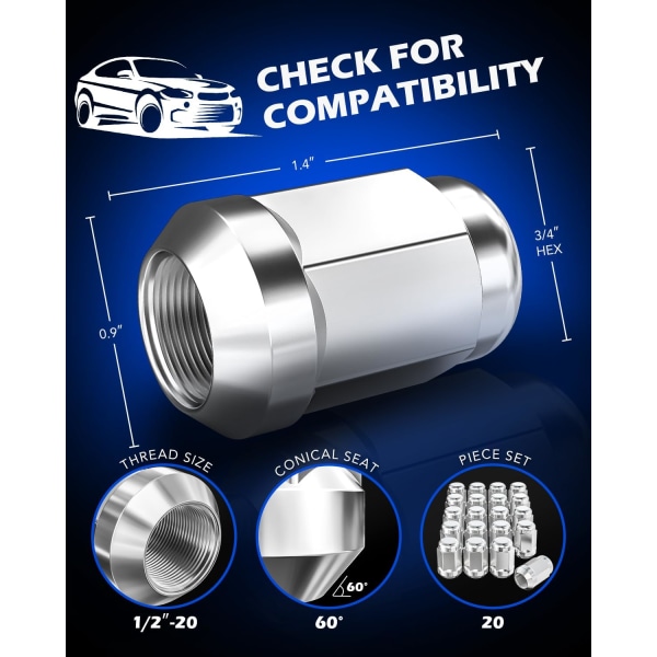 OMT 1/2&#34;-20 Luggmuttrar med konsäte, 3/4&#34; 19 mm sexkant 1,38 x 0,87 tum. Förkromade hjullagermutter Kompatibel med Ford Mustang Explorer