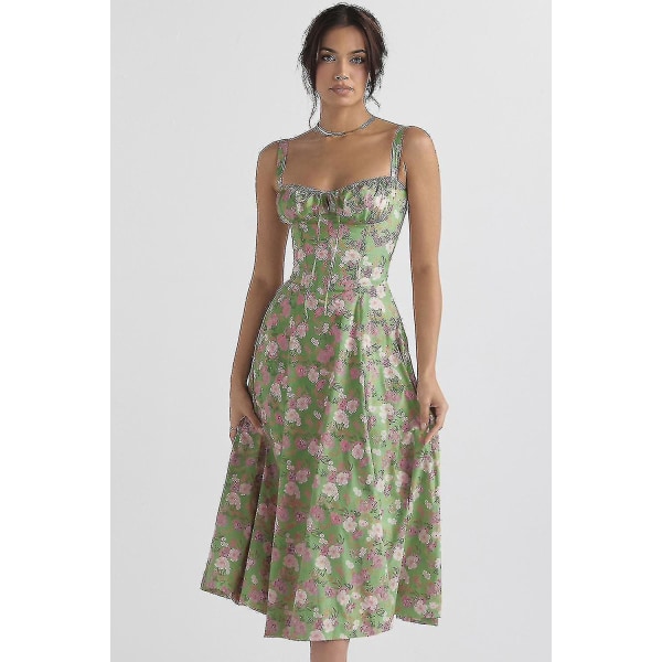 Kvinnor Blommig Boho Midi Bustier Kläder Dam Carmen Print Solklänning Sommar Beach Swing Kläder Grön Blomma Asia L EU M