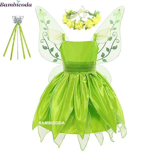 Flickornas Tinker Bell-dräkt Halloween-dräkt för barn Grön Maskeraddräkt Fe Prinsessa Cosplay Klänningar Pixie Fairy Klänning med Vinge 3T(100) 04