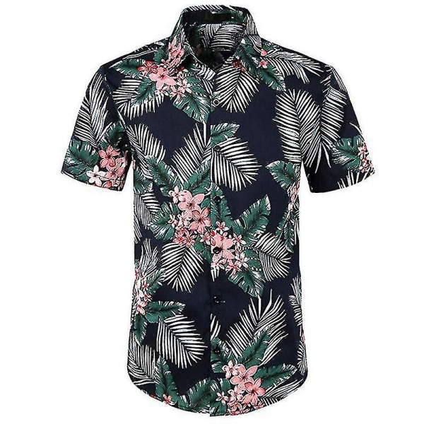 Män Hawaii Beach Shirt Holiday Aloha Summer Casual Kortärmad Button Up Shirts Toppar Navy Floral 2XL