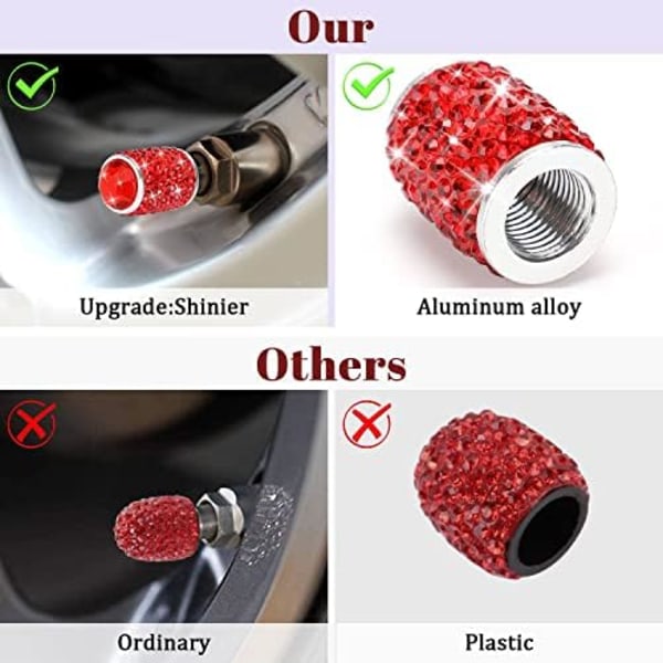 ToBeQueen Bling däckventilkåpor, 4-pack handgjorda däckkapslar i kristall i rhinestone Universal biltillbehör Dammtät ventilstamskydd för bil/ C-Red
