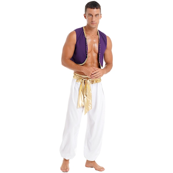 Herr Halloween kostym Mytisk Prince Aladin Carnival Carnival Cosplay Party Outfit Paljettkant väst med byxor med bälte Hög kvalitet Gold A L