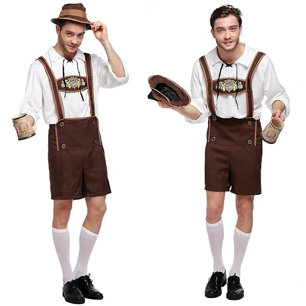 Bavarian Lederhosen Shirt Hat Set för män tysk Oktoberfest Beer Cosplay Outfit M