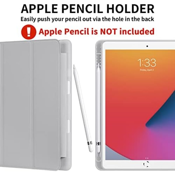 GHINL iPad 9:e/8:e/7:e generationens case (2021/2020/2019) iPad 10,2- case med pennhållare [Sömn/vakna] Smal mjuk TPU baksida Smart Magneti Light Gray