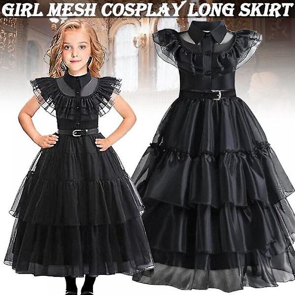 Barn Flickor Onsdag The Addams Family Costume Halloween Klänning Födelsedagsfest Dress Belt Wig 140cm