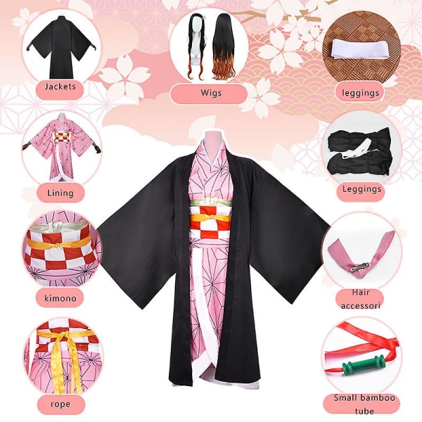 Anime Expo Tecknad karaktär Cosplay Kostym Demon Slayer Kochou Shinobu Kimetsu No Yaiba Tanjirou Nezuko Cosplay Kimono Wig V kids 110cm Kamado Nezuko 2