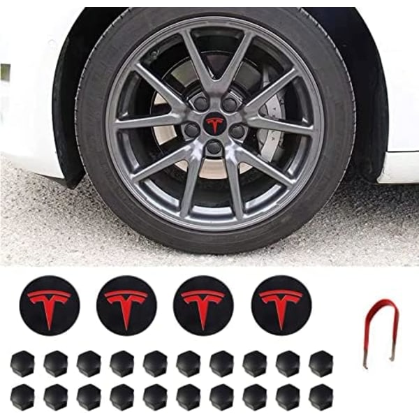 Tesla Model 3 YSX Center Cap Hjul Cap Kit Lugg Mutter Cover Silver Matt (4 Nav Center Cap + 20 Lug Mutter Cover) Tesla Tillbehör red