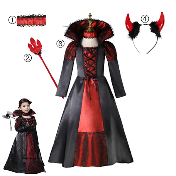 Flickfladdermus Halloween-klänning för barn, spökbrud, gotisk cosplay, vampyrkostym, greve Vampiran, karnevaloutfit, svart röd klädsel Dress Set 2 L (6-7Y)