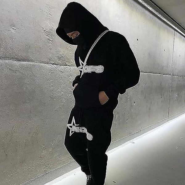 Nofs Streetwear träningsoveraller för män , Letters Printless Hoodies And Sweatpants Y2k Herr, Hip Hop Byxor Black M