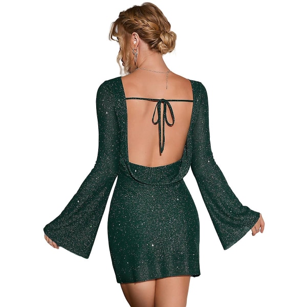 Kvinnor med rygglös volangärm Sparkling Mesh miniklänning Dark Green XL