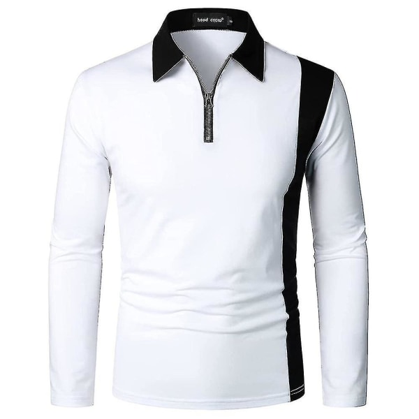Män Zip Polo Shirts Långärmade Color Block T-shirt Golf Casual Work Tee Lapel Tops White 2XL