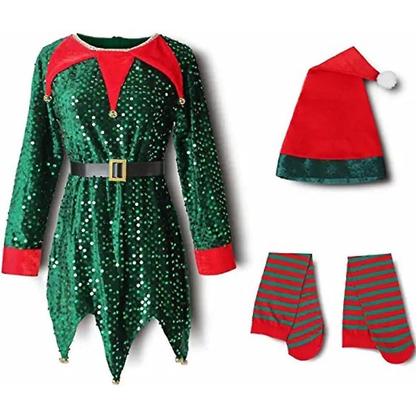 Jul Barn Barn Flickor Jultomtens tomtekostym Paljett Xmas Fancy Dress Strumpor och hatt Cosplay Outfits Set 5-6 Years Green