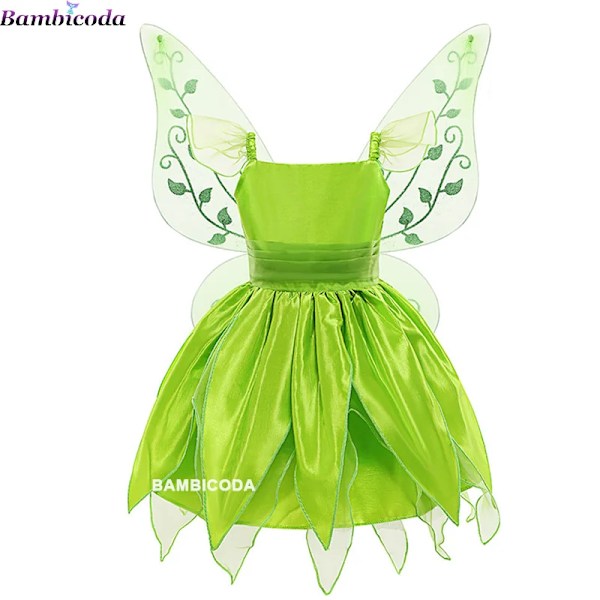 Flickor Tinker Bell Kostym Halloween Kostym för Barn Grön Maskeradklänning Fairy Princess Cosplay Klänningar Pixie Fairy Klänning med Vinge 4T(110) 02