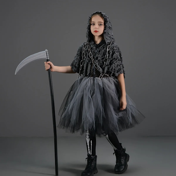 Halloween Fest Cosplay Barn Döden Svart Kappa Halloween Dödskalle Skelett Bal Kostym Prop Set Döden Cosplay Kostym XXL(10-12Y) a5