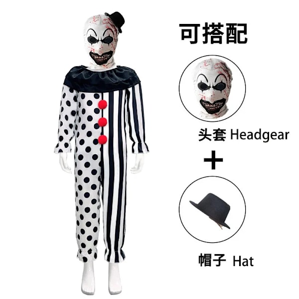 Terrifier Cosplay Kostym Barn Skräck Karneval Fest Hud-Tight Svart Vit Mördare Clowns Overall för Halloween Kostymer 120 Costume and hat