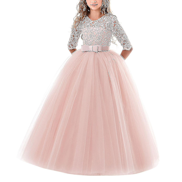 Blomsterflicka Spets Klänning för Barn Bröllop Brudtärna Pageant Party Bal Vit 170cm
