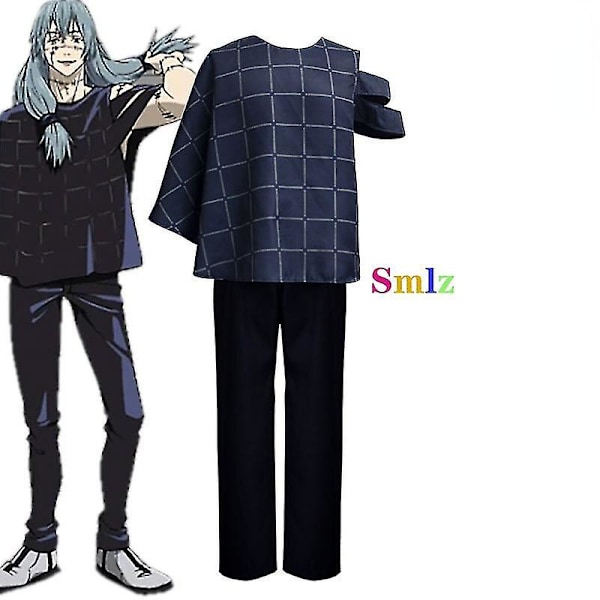 Mahito Cosplay Anime Jujutsu Kaisen Costume Mörkblå kortärmad skjorta Byxor Uniform Carnival Halloween Party Outfit S set and wig