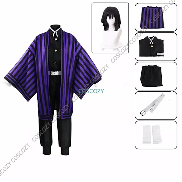 Lila/Svart Iguro Obanai Cosplay Anime Demon Ghost Killer Iguro Obanai Haori Kimono Cosplay Kostym Vit Orm Dockset Kids 130cm A2 and wig