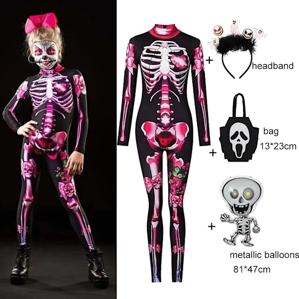 Barn Halloween Läskig Skelett Cosplay Ros Sexig Djävul Vampyr Overall Fest Karneval Läskig Kostym Flicka Dag Av De Döda Kläder 4 pcs Set B 120(3-4T)