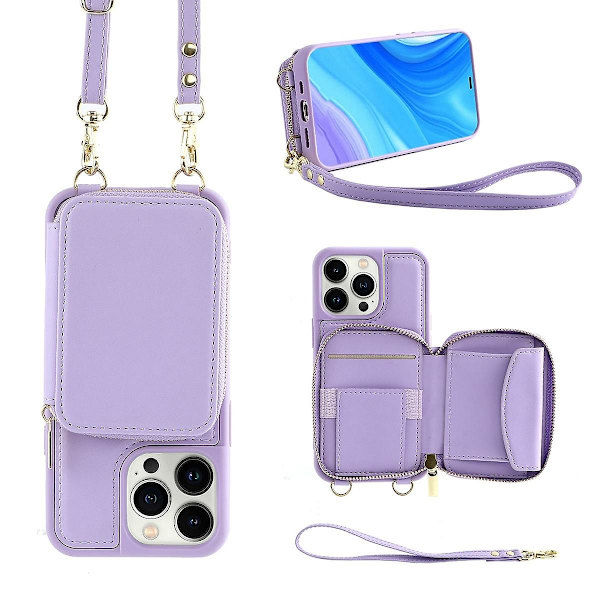 Crossbody dragkedja Case Kompatibel med Iphone 15 Pro Max, Pu Läder Stötsäkert cover med handledsrem & korthållare Purple For iPhone 15 Pro Max