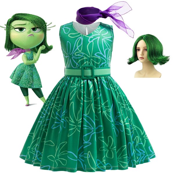Disney Inside Out Joy Disgust Cosplay Kostym Prinsessklänning+Peruk För Barn Flickor Halloween Karneval Födelsedag Lycka Klä Ut Joy Style C 130 (5-6T)