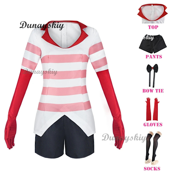 Angel Dust Cosplay Fantasy Anime Cartoon Förklädnad Kostym Handskar Fluga Rosa Klänning Outfit Kvinnor Halloween Rollspel Kläder L C1