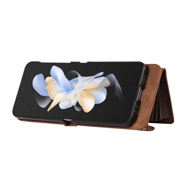 Kickstand phone case för Samsung Galaxy Z Flip4 5g Rfid blockerande kortväska Pu läder+tpu cover Brown