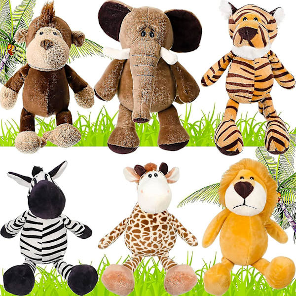 6 delar Safari gosedjur Plysch djungel djurleksaker set för pojkar Flickor, söt lejon elefant Zebra giraff tiger apa för djurtema
