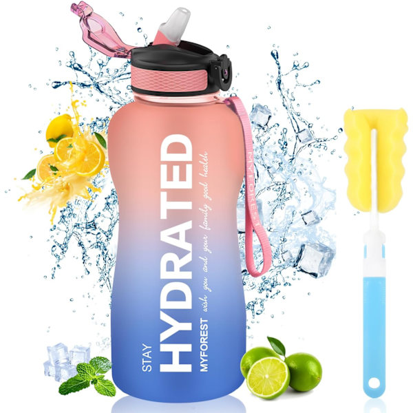 2,2-liters vattenflaska, BPA-fri, 2,2 l, drickflaska med sugrör och tidsmarkeringar, 2 200 ml, gymnastikflaska för sport, cykling, yoga, v Transparent vit N