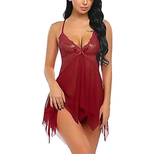 Damunderkläder Set Mjuk Babydoll Spetskopp Sling Nattkläder Mesh Chemise Sovkläder Klänning Wine Red S