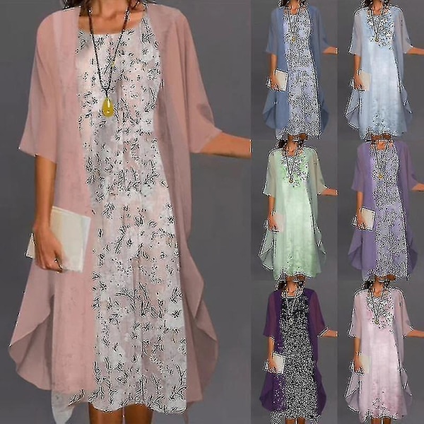 Kvinnor Bohemisk Kläder med Cardigan Casual Blommig printed Two Piece Kläder S Ljusgön