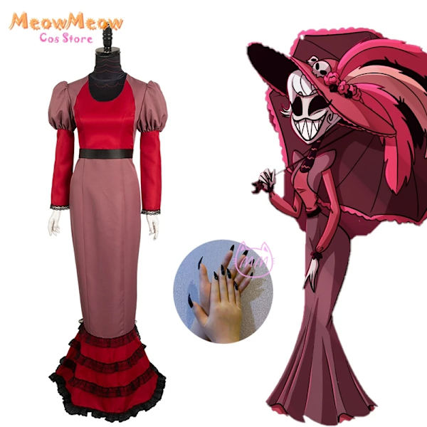 Hazbin Rosie Cosplay Röd Klänning Hotel Overlord Kläder Spik Anime Cosplay Kostym Dräkt Kvinnor Fancy Halloween Fest Vuxen Outfit S Nail gloves
