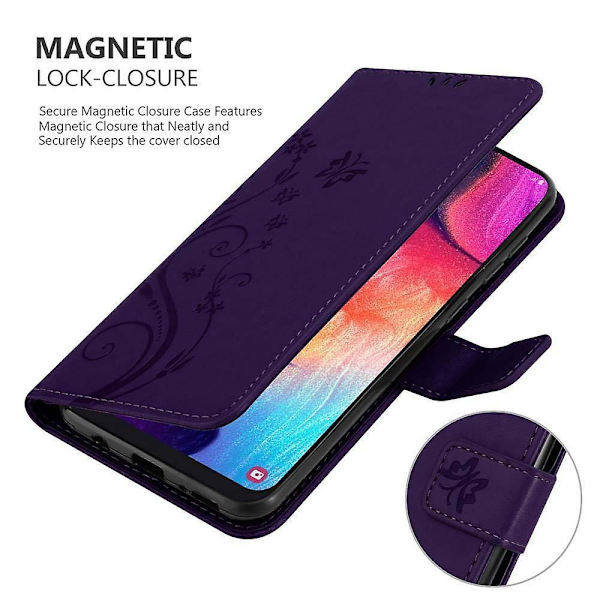 Samsung Galaxy A50 4G / A50s / A30s Cover Case Case - med blommönster och stativfunktion och kortplats FLORAL DARK LILA Galaxy A50 4G / A50s / A30s