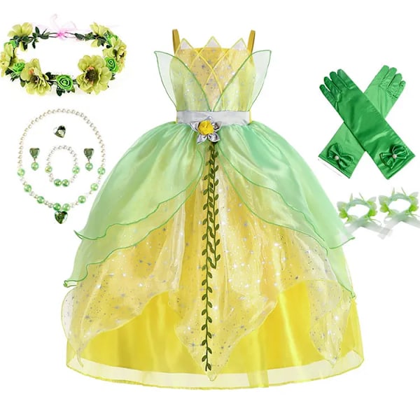 Klassisk flicka saga Tiana Cosplay kostym elegant prinsessa grön festklänning julbalklänning prinsessa och grodan Vestido tiana outfit 02 7-8T(140)