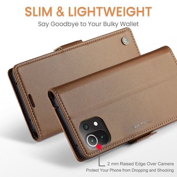 Caseme 023 Series Case För Xiaomi Mi 11 Lite 4g / 5g / 11 Lite 5g Ne , Pu Läder Litchi Texture Stand Rfid Blocking Phone Cover Brown