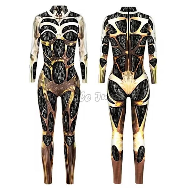 Robot Punk Jumpsuit Sexig Dam Cosplay Kostymer Fancy Halloween Fest Färgglad Utskrift Skelett Bodysuit För Män M 11